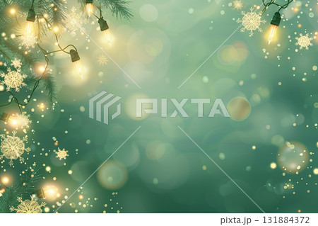 金色の光がきらめく緑のツリー背景　やさしい光の冬のクリスマスイラスト 131884372