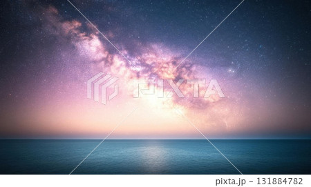 Explore night, calm ocean reflects celestial Milky Way under starry sky view 131884782