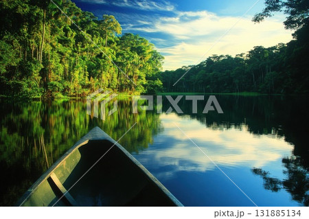Rowboat Ride in Serene Lake Surrounded By Lush Trees, Relaxing Trip Theme Rowboat Ride in Serene Lake Surrounded By Lush Trees, Relaxing Trip Theme 131885134