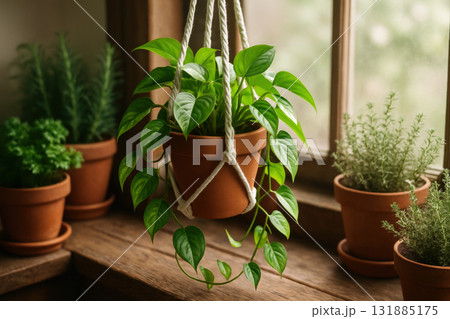 Lush green hanging plant in terracotta pot by sunlit window surrounded by various herbs in ceramic pots indoors, AI Generative 131885175