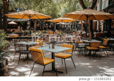 Enjoy Outdoor Dining with Table and Chairs in a Sunny Ambiance Atmosphere 131885261