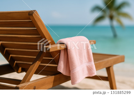 wooden lounge chair with pink towel on tropical sandy beach overlooking turquoise ocean and blurred palm tree in background, AI Generative 131885299