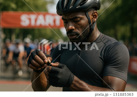 Focused male cyclist adjusting fitness tracker while preparing for a competitive outdoor bike race at the starting line in summer, AI Generative 131885363
