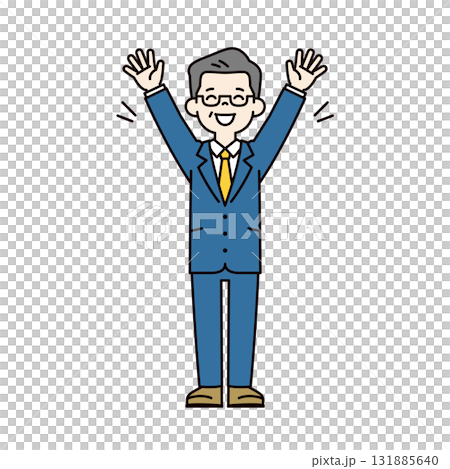 A simple upper body vector illustration of a male president in his 60s or 70s smiling and raising his arms in a cheer 131885640