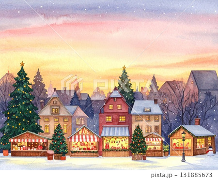 夕暮れのヨーロッパのクリスマスマーケット水彩画イラスト3／チラシやポスター用素材 131885673