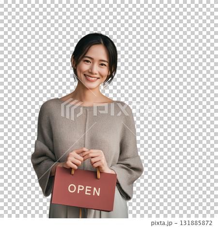 Smiling woman holding open sign, cozy sweater, friendly small business owner portrait conveying welcoming mood 131885872