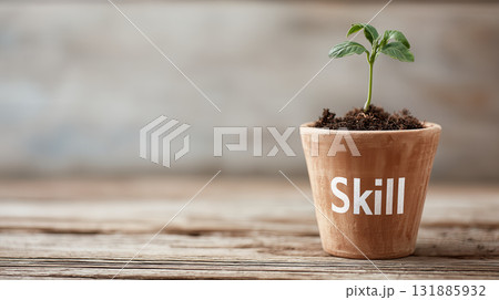 Skill plant sprout growth in pot on wooden table conveying development and learning inspiration 131885932