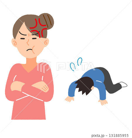 土下座する男性と怒る女性のイラスト 131885955