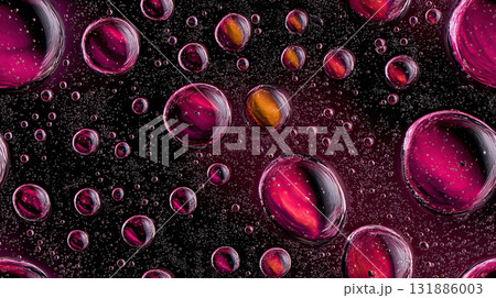 Vibrant water droplet pink droplet dark background oil bubble reflective sphere macro photography 131886003