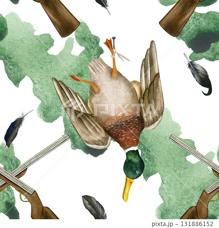 Duck killed during a hunt, rifles crisscrossed. Seamless pattern of hunting trophies. Hand-drawn watercolor illustration 131886152