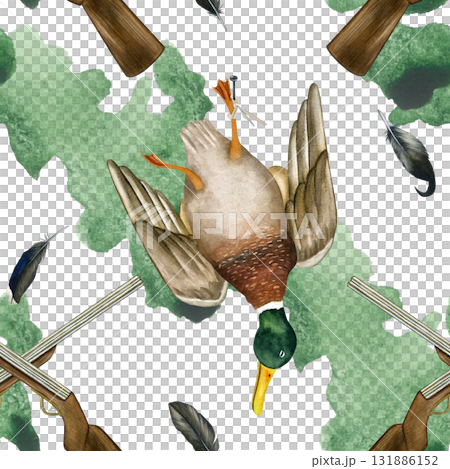 Duck killed during a hunt, rifles crisscrossed. Seamless pattern of hunting trophies. Hand-drawn watercolor illustration 131886152