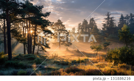 Sunlight filters through serene forest landscape, casting warm, golden rays over lush greenery and tall trees 131886216