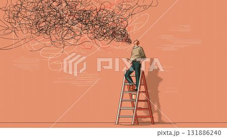 Man on ladder looking at tangled scribble cloud representing confusion and thought, conceptual illustration of problem solving and mental clutter Man on ladder looking at tangled scribble cloud representing confusion and thought, conceptual illustration of problem solving and mental clutter 131886240