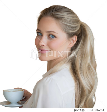Young woman with blue eyes holding coffee cup and smiling, blonde hair in ponytail, soft natural light and relaxed expression 131886281