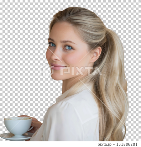 Young woman with blue eyes holding coffee cup and smiling, blonde hair in ponytail, soft natural light and relaxed expression 131886281