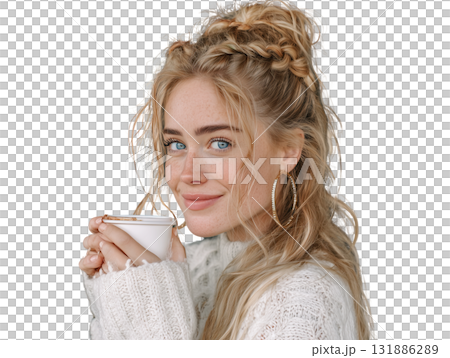 Young woman with blue eyes freckled skin holding hot drink in cozy knit sweater, smiling warmly with braided hairstyle and hoop earring Young woman with blue eyes freckled skin holding hot drink in cozy knit sweater, smiling warmly with braided hairstyle and hoop earring 131886289