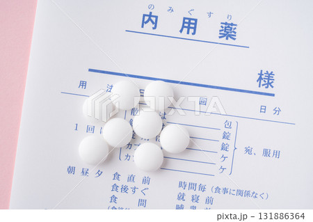 薬袋と錠剤のクローズアップ 131886364