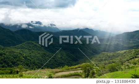 Landscape view of complex mountains. Green forest on the mountain and green grass on the hills. at Khao Kho Phetchabun of Thailand. 131886430