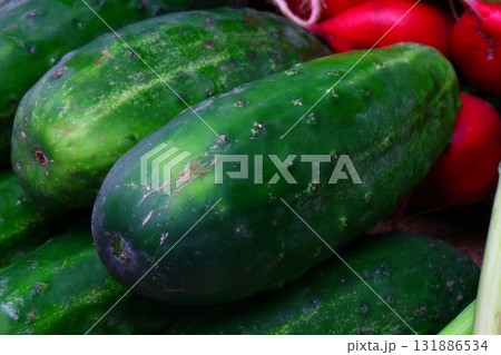 Fresh vegetables radish cucumber tomatoes Fresh vegetables radish cucumber tomatoes 131886534