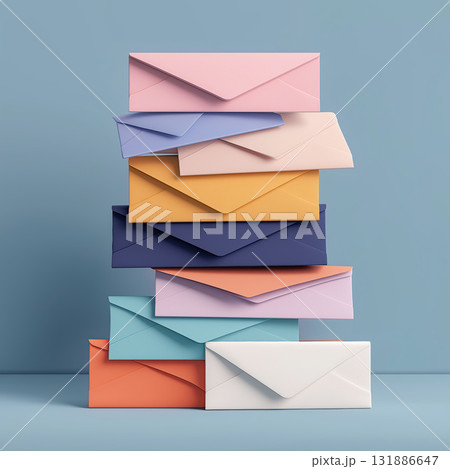 Stacked colorful envelope pastel stationery pile mail concept visually pleasing and calm composition with soft lighting evoking gentle emotion 131886647