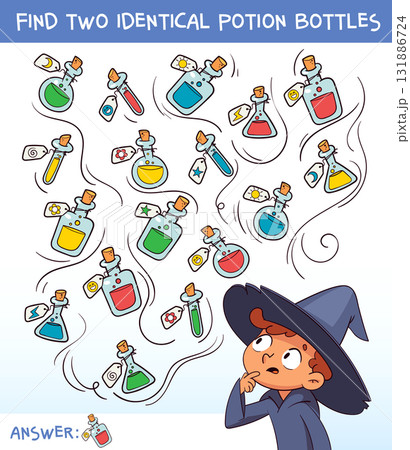 Find two identical potion bottles game for kids. Fun Halloween educational illustration 131886724