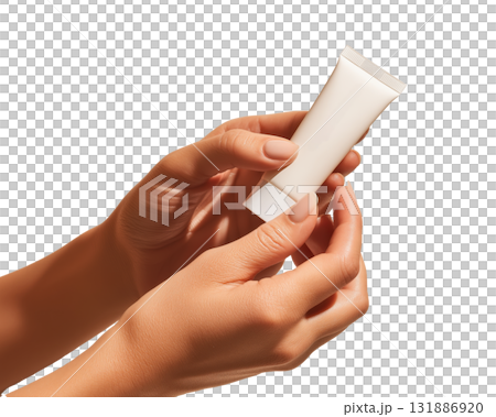 Soft hand holding blank cosmetic tube for skincare cream with natural manicure and warm lighting, inviting gentle care and tactile comfort Soft hand holding blank cosmetic tube for skincare cream with natural manicure and warm lighting, inviting gentle care and tactile comfort 131886920