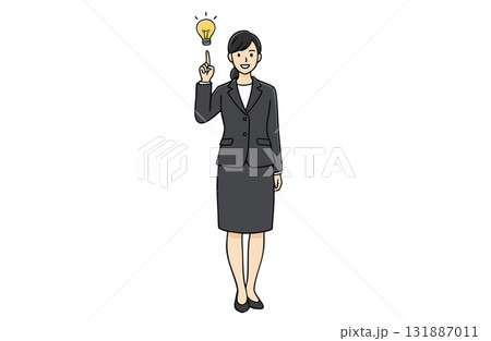 ひらめいた表情のビジネスウーマンと電球アイコン（全身・シンプルカラー） 131887011