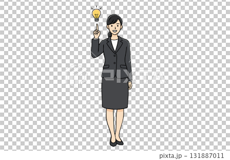 ひらめいた表情のビジネスウーマンと電球アイコン（全身・シンプルカラー） 131887011