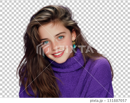 Smiling young woman with blue eyes wearing purple sweater and turquoise earrings, soft natural light highlights hair and freckled cheeks, cozy portrait with warm expression 131887057