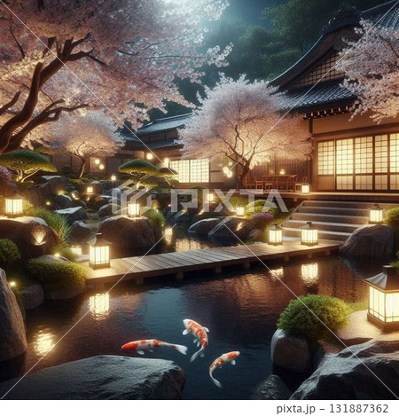 夜の美しき日本庭園、ライトアップされる日本の観光名所 131887362