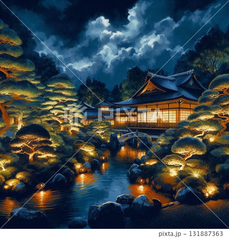 夜の美しき日本庭園、ライトアップされる日本の観光名所 131887363