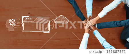Diverse hands coming together symbolizing teamwork and collaboration in a digital age, with Chat AI concept on a wooden table background Trope 131887371