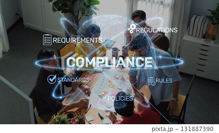 Diverse team engaged in a compliance workshop with focus on requirements, regulations, and policies for effective project management and teamwork strategies.. Raster Diverse team engaged in a compliance workshop with focus on requirements, regulations, and policies for effective project management and teamwork strategies.. Raster 131887390