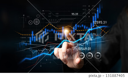 Hands Interacting with Digital Financial Graph on Screen for Data Analysis, Stock Market Trends, Investment Growth Visualization Scalp 131887405