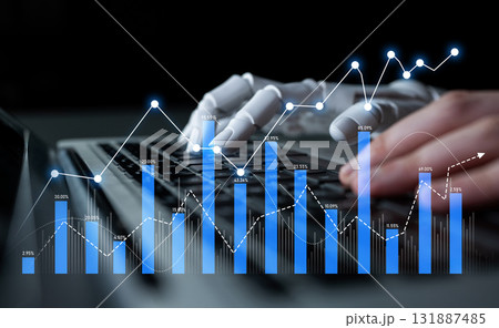 Futuristic robotic hand typing on keyboard with digital stock market graphs illustrating data analysis and artificial intelligence technology advancement Scalp 131887485