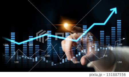Hand Pointing at Rising Financial Graph with Blue Trend Line and Bar Charts, Symbolizing Growth and Investment Opportunities in Modern Business Environment Scalp Hand Pointing at Rising Financial Graph with Blue Trend Line and Bar Charts, Symbolizing Growth and Investment Opportunities in Modern Business Environment Scalp 131887556