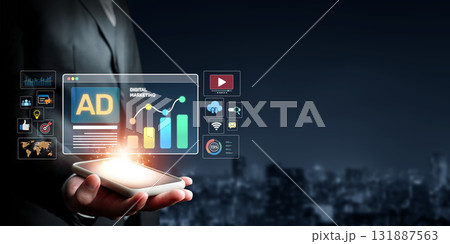 Dynamic Digital Marketing Visualization with Charts and Icons on Smartphone Screen in a Urban Setting for Effective Social Media Advertisement Strategies XDMCP Dynamic Digital Marketing Visualization with Charts and Icons on Smartphone Screen in a Urban Setting for Effective Social Media Advertisement Strategies XDMCP 131887563