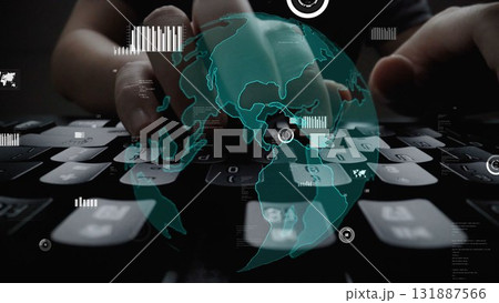 Close-up View of Hands Typing on a Keyboard with Overlay of Global Map and Data Visualization Representing Digital Connectivity and Technology xenic 131887566
