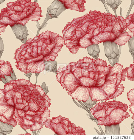 繊細な線画の赤いカーネーションのシームレスパターン 131887628