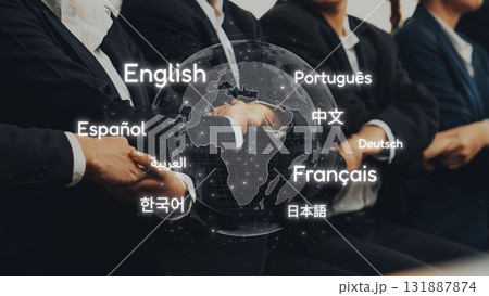 Diverse Languages Represented in Global Business Setting with Hands Over Globe Symbolizing International Communication and Collaboration Among Cultures. Raster 131887874