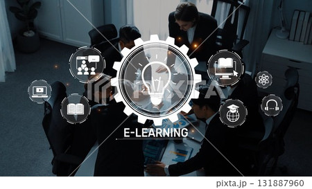 Innovative E-Learning Solutions in Business Environment with Collaboration, Technology, and Interactive Training Elements for Modern Education. Raster 131887960
