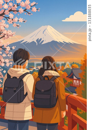 富士山と桜を背景に観光するカップルのイラスト 富士山と桜を背景に観光するカップルのイラスト 131888035