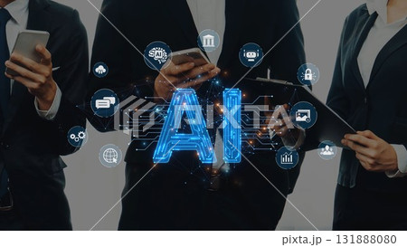 Professional Business Team Using Smartphones and Tablets with Artificial Intelligence Concept Overlay in Modern Office Environment. Raster 131888080