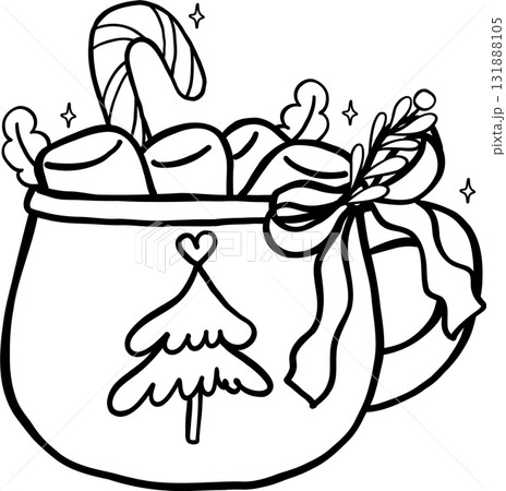 Coquette Preppy Christmas Bookish Reading outline, Festive Mug of Hot Chocolate and Marshmallows Illustration Cartoon Hand Drawn 131888105