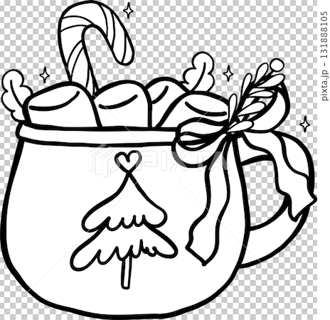 Coquette Preppy Christmas Bookish Reading outline, Festive Mug of Hot Chocolate and Marshmallows Illustration Cartoon Hand Drawn 131888105