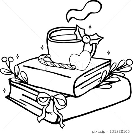 Coquette Preppy Christmas Bookish Reading outline, Festive Books Stacked with Hot Drink and Cookie Cartoon Hand Drawn Coquette Preppy Christmas Bookish Reading outline, Festive Books Stacked with Hot Drink and Cookie Cartoon Hand Drawn 131888106