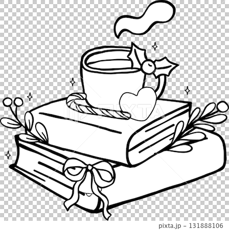 Coquette Preppy Christmas Bookish Reading outline, Festive Books Stacked with Hot Drink and Cookie Cartoon Hand Drawn Coquette Preppy Christmas Bookish Reading outline, Festive Books Stacked with Hot Drink and Cookie Cartoon Hand Drawn 131888106
