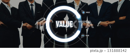 Diverse Group of Business Professionals Displaying Value Concept with Circular Gauge on Background Highlighting Min and Max Levels of Performance Trope 131888142