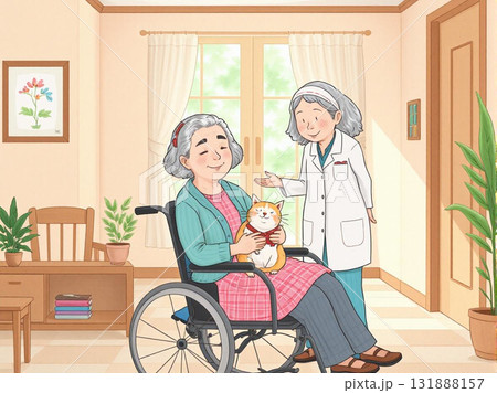 老人ホームの明るいホールで、優しい表情の車椅子に座るおばあさんが、柔らかい毛並みの猫を膝に抱いている 131888157