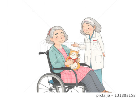 老人ホームの明るいホールで、優しい表情の車椅子に座るおばあさんが、柔らかい毛並みの猫を膝に抱いている 131888158